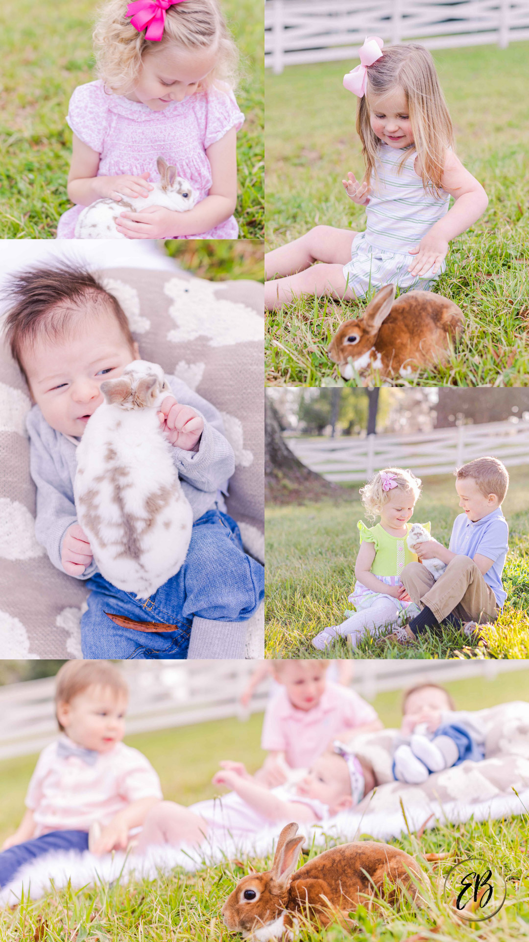 Kids pet live bunnies at live bunny Easter mini sessions in Chickamauga, Georgia near Chattanooga, Tennessee