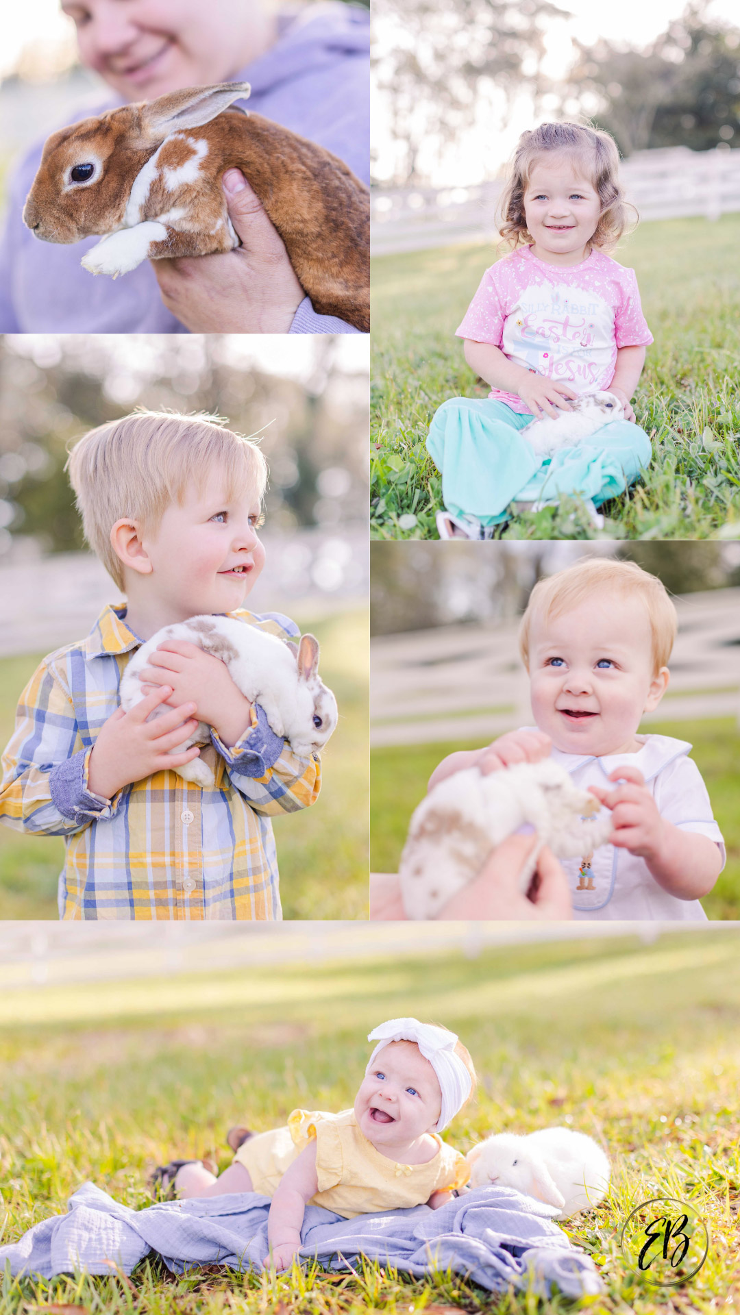 Babies pose with live bunnies at live bunny Easter mini sessions in Chickamauga, Georgia 