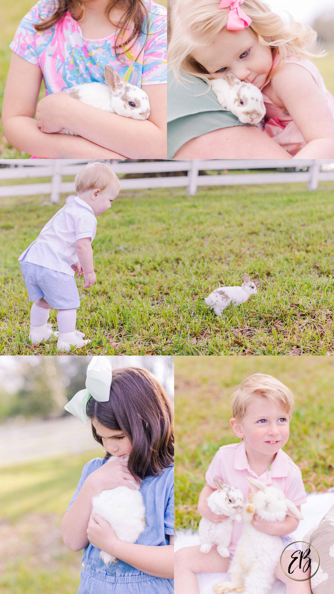 Kids cuddle bunnies at live bunny Easter mini sessions in Chickamauga, Georgia 