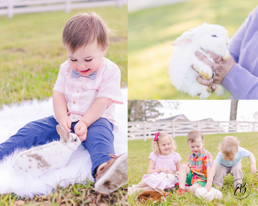 Kids pet live bunnies at live bunny Easter mini sessions