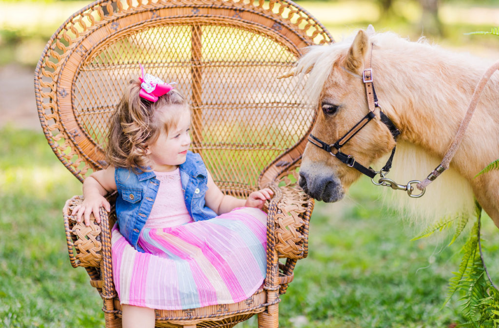 Little girl smiles at Wesley the unicorn in a photo by Elle Bea Photography in Chickamauga, Georgia near Chattanooga, Tennessee