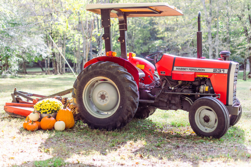 Big red tractor waits for visitors at Farm Mini Sessions near Chattanooga, Tennessee