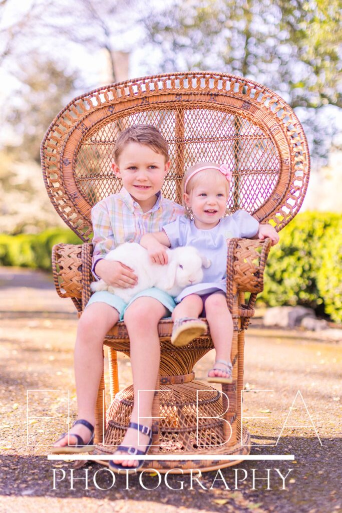 Brother and sister giggle while sitting in a wicker fan back chair holding a white bunny at live bunny mini sessions in Chickamauga, Georgia