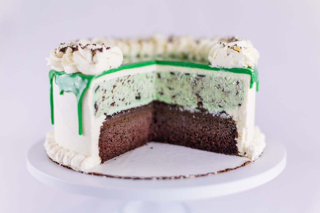Mint chocolate chip ice cream cake cross section from Ice Dream Cakes Chattanooga