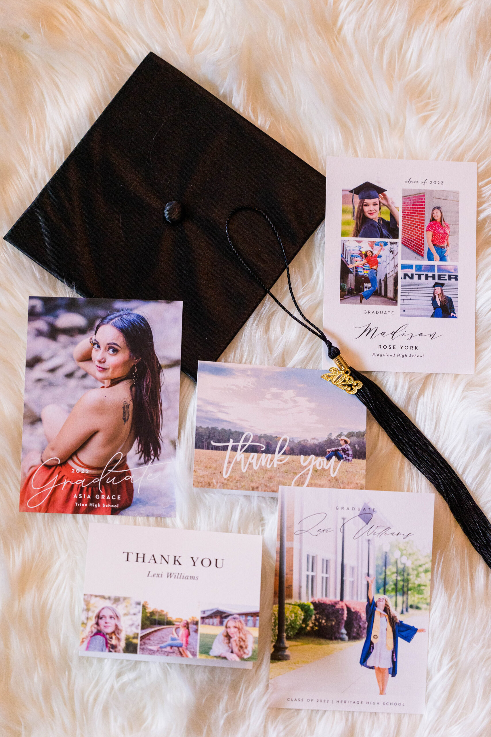 Samples of graduation announcements and graduation thank you cards from Basic Invite - photos of graduates by Elle Bea Photography.