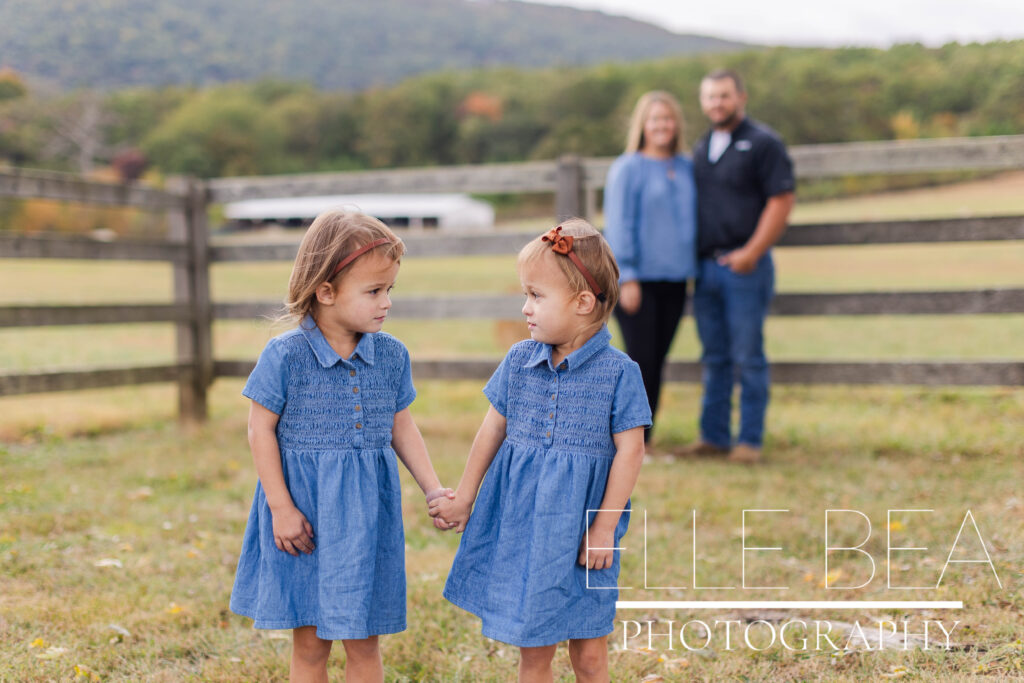 Twin girls hold hands in front of mom and dad at farm mini sessions by Elle Bea Photography
